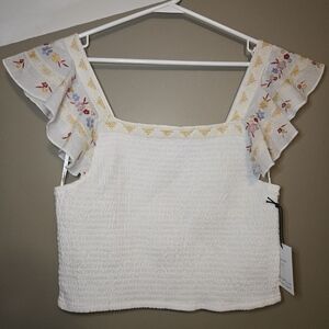 Japna Singh Women's White Smocked Crop Top Ruffle Sleeves Floral Size XL NWT
